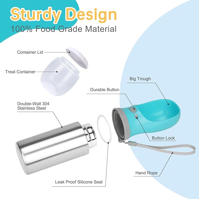 Portable Dog Water Bottle with Food Container, 14 OZ, Stainless Steel Leak Proof Puppy Water Dispenser with Drinking Feeder for Pets Travel, Walking, Hiking and Outdoor Activities