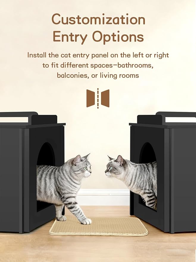 Wooden Cat Litter Box Enclosure, Hidden Litter Box Furniture with Litter Mat, Multi-Functional Cat House, for Living Room Bedroom Indoor, 23.2 x 17.7 x 19.3 inches, Black