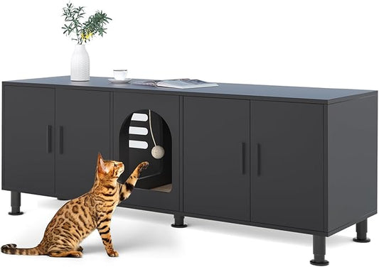 Double Litter Box Enclosure with Cat Scratch Mat & Motion Sensor Light, Wooden Litter Box TV Stand for 2 Litter Boxes & 2 Cats (Black)