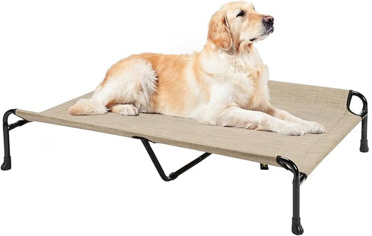 Veehoo Elevated Dog Bed, Raised Dog Cots for Large Dogs, Waterproof Outdoor Dogs Bed, Cooling Pet Hammock with Guardrail, Upgraded Non-Slip Feet, Breathable Teslin Mesh, Beige, 53 x 33 inches