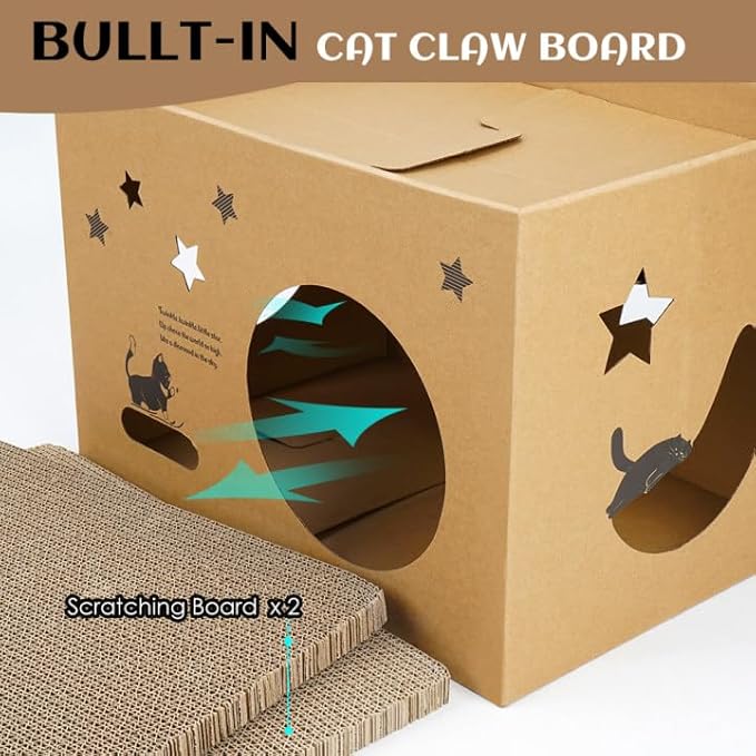 Cat Cardboard House with 2 PCS Scratching Pads，Large Cat Scratcher Bed Cat Scratchers Lounge for Indoor Cats with Corrugated Board Detachable Cat Scratcher Box for Cats.(Star)