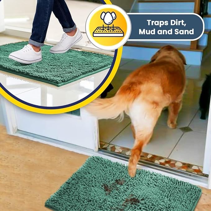 Muddy Mat® AS-SEEN-ON-TV Highly Absorbent Microfiber Door Mat and Pet Rug, Non Slip Thick Washable Area and Bath Mat Soft Chenille for Kitchen Bedroom Indoor and Outdoor - Seafoam Green 24" x 72"