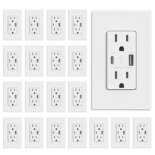 ELEGRP USB Wall Outlet, Dual USB A & C Ports, 15 Amp Tamper Resistant Plug NEMA 5-15R, Wall Plate Included, UL Listed, 20 Pack, Matte White