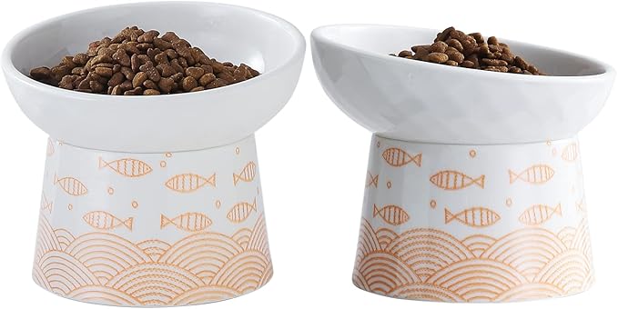 OMAYKEY Elevated Cat Bowls, 8 Oz Ceramic Raised Tilted Cat Food Water Bowl, Reduce Vomiting and Protect Pets' Spines Dishes for Cat, Small Dog and Kitten, Orange, 2 Packs