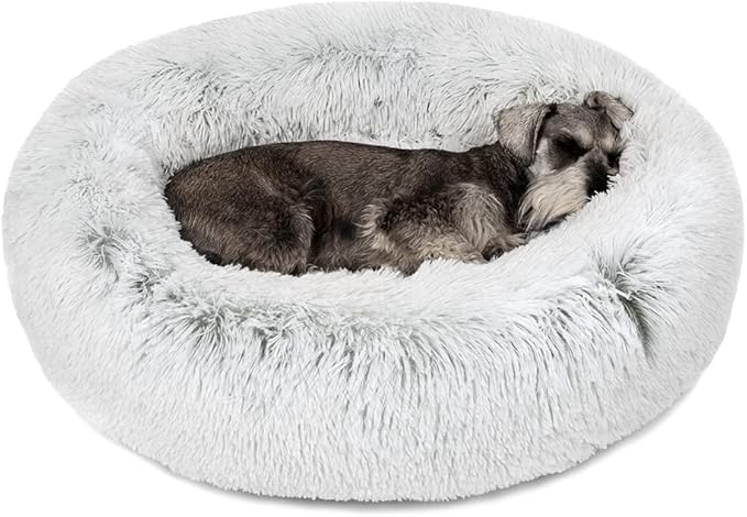 Friends Forever Donut Dog Bed Faux Fur Fluffy Calming Sofa For Medium Dogs, Soft & Plush Anti Anxiety Pet Couch For Dogs, Machine Washable Coco Pet Bed with Non-Slip Bottom, 30"x30"x7" Ivory