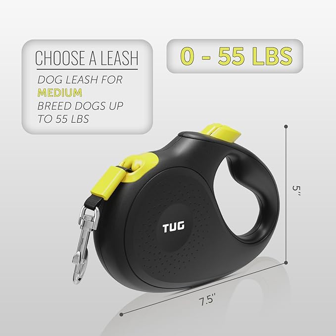 TUG 360° Tangle-Free Retractable Dog Leash | 16 ft Strong Nylon Tape (Medium, Black/Yellow)