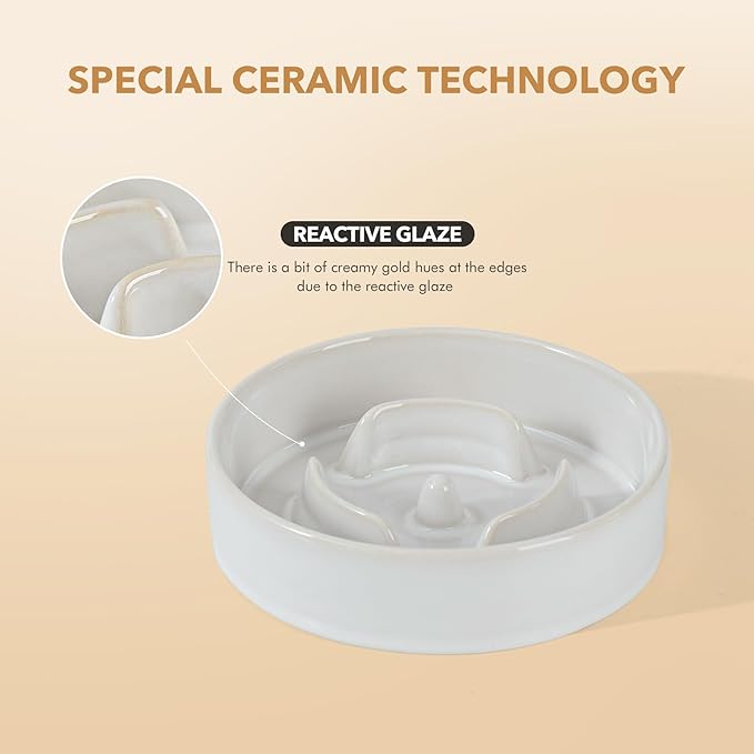 Ceramic 0.9 Cup Dog Bowl Slow Feeder for Small Dog and Cat, 6.1inch Pet Slow Dish, Stop Bloat, Preventing Choking(Single Bowl, Reactived Glaze -White)