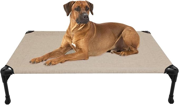 Veehoo Outdoor Elevated Dog Bed Large Sized Dogs, Extra Large Cooling Raised Dog Cots Beds Training Platform Off Ground Hammock with Breathable Mesh, No-Slip Feet, 45"x33", Beige Coffee