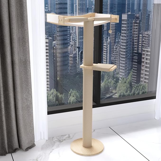 Cat Window Perch with Scratching Post Strong Supported - Large Hammock Bed for Cats Inside - Solid Wood Seat, Soft Cushion - Rustic Indoor Cat Tree Shelf for Sunbathing (Natural, Large 2)