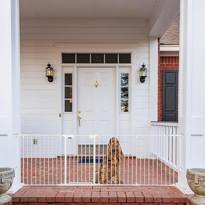 Freestanding Dog Gates with Door Walk Through, Extra Wide Doggy Door 100" W x 29" H Pet Gate Safty 4 Panels Dog Fence for Stairs, Doorways, White