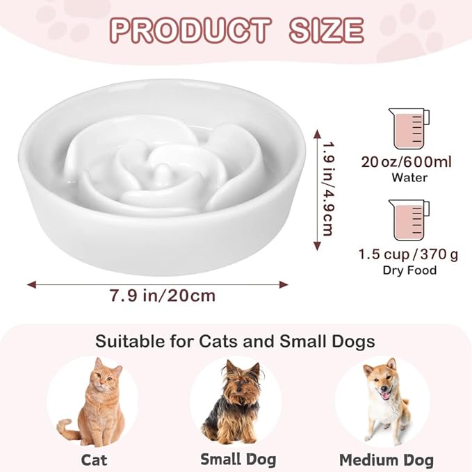 TRUVIC Ceramic Slow Feeder Dog Bowls, 1.5 Cup Puzzle Slow Feeder Bowls for Fast Eaters, Ceramic Dog Food Dish no Black Chin, Puzzle Bowl for Medium Dogs, White