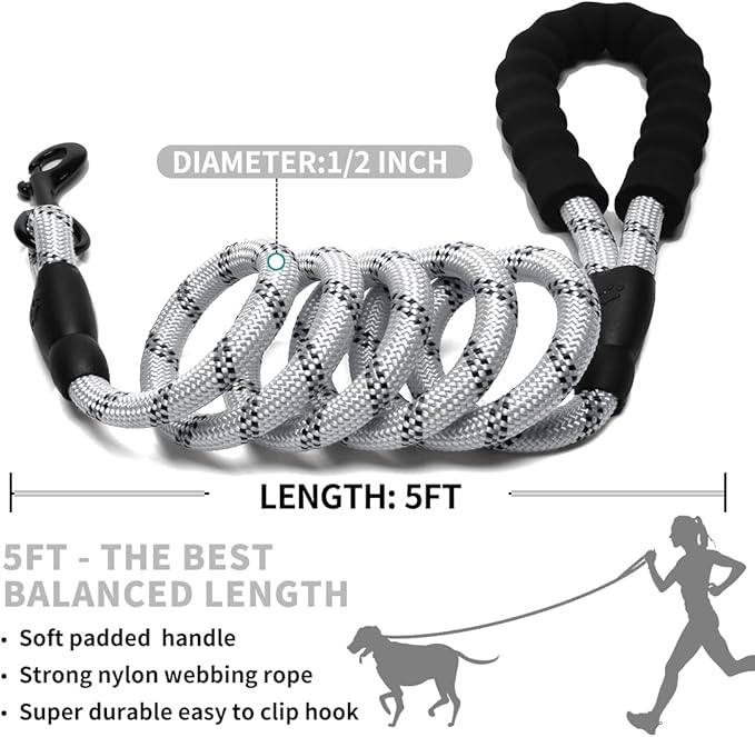 COOYOO Dog Leash 5/6 FT with Comfortable Padded Handle and Highly Reflective Threads for Small Medium and Large Dogs