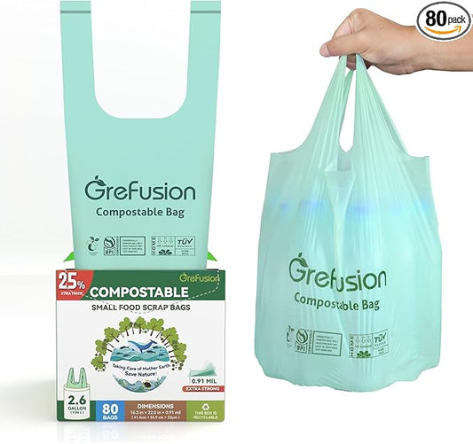 Compostable trash Bags, 2.6 Gallon,Thick 0.91 mils,Compost bin Kitchen,Food Scrap Waste Bags,Small trash bags for compost bin kitchen,Certified by BPI and OK Compost, (80 Count)