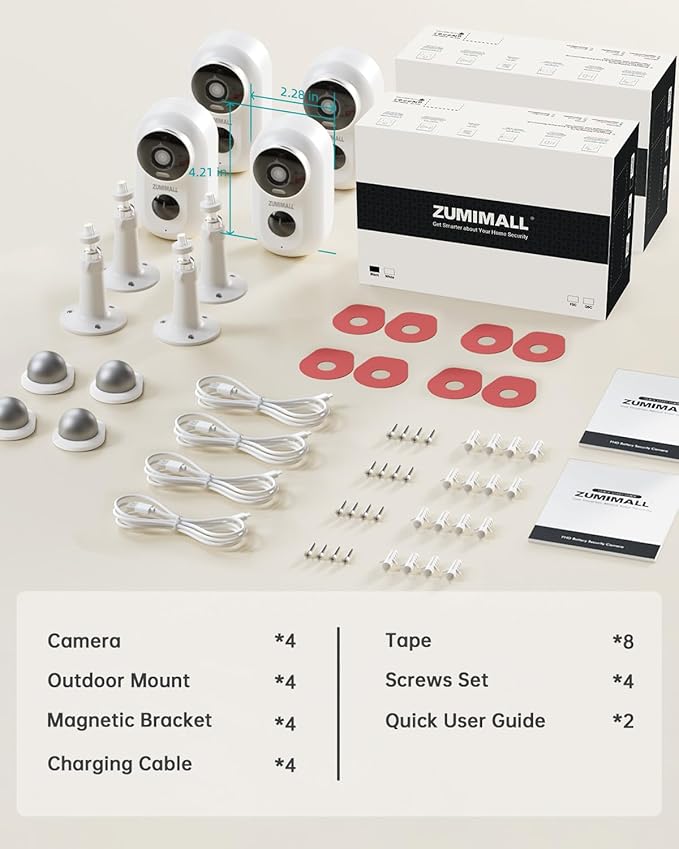 ZUMIMALL Security Cameras Wireless Outdoor, 4 Packs, 2K Cameras for Home Security, Outdoor/Indoor Camera Battery Powered, 2.4G WiFi, Magnetic Mount,3MP Color Night Vision/Siren/PIR/AI/Cloud/Alexa