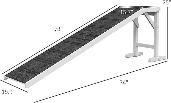PawHut Dog Ramp for Bed, Pet Ramp for Dogs with Non-Slip Carpet and Top Platform, 74" x 16" x 25", White