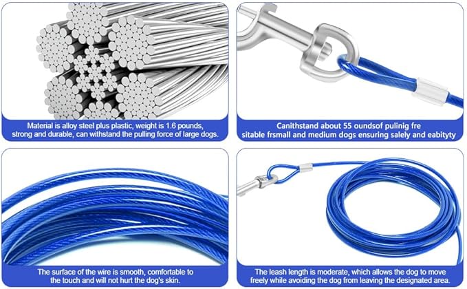 Relux 30FT Outdoor Dog Leash for Yard Training, Running, Hiking, Camping, with Heavy Duty Dog Anchor Spiral Stake for Small to Medium Dogs (Blue)