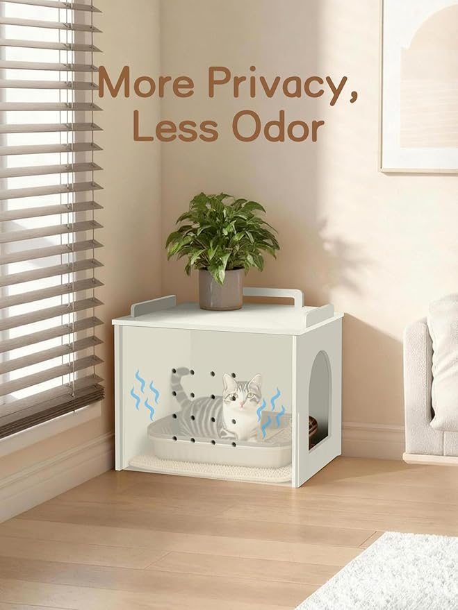 Wooden Cat Litter Box Enclosure, Hidden Litter Box Furniture with Litter Mat, Multi-Functional Cat House, for Living Room Bedroom Indoor, 23.2 x 17.7 x 19.3 inches, Beige