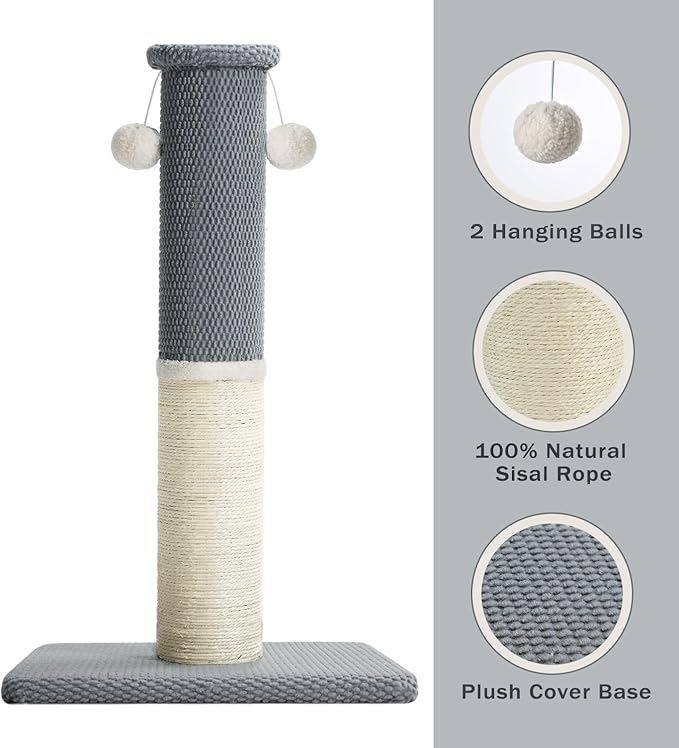 Made4Pets Tall Cat Scratching Post, Heavy Duty and Thicker Scratching Posts for Indoor Cats Adults, 33" Natural Sisal Cat Scratcher with Hanging Balls, Sturdy Base Cat Scratch Post, Light Grey