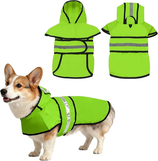 Dog Raincoat, Dog Rain Jacket Waterproof Jacket Reflective Adjustable Hooded Pet Rain Coat with Leash Hole, (Fluorescent Green, XS), Intended for Large Medium Small Puppies