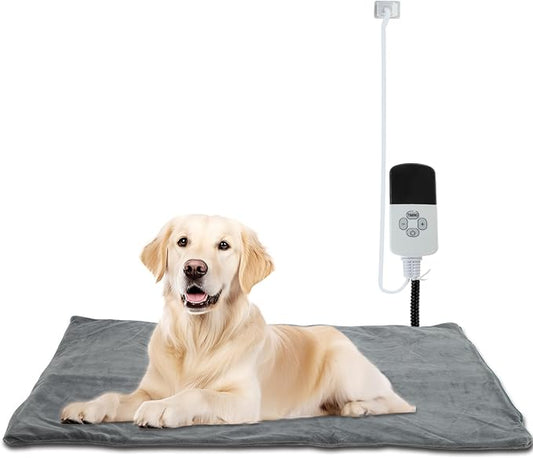 Pet Heating Pad, 9 Temperature Adjustable Electric Pet Mat with Timer, Indoor Waterproof Heated Dog Bed with Chew-Proof Cord, Grey, 18x28in