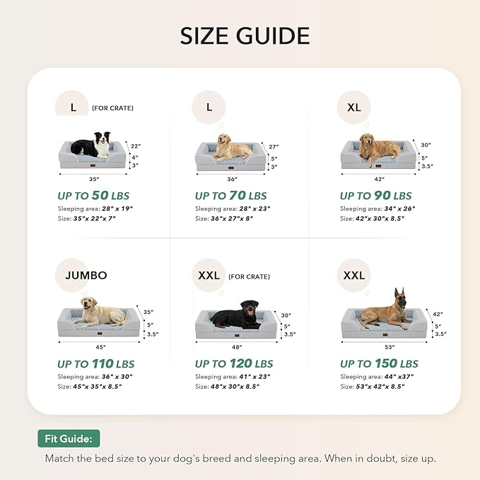 Orthopedic XXL Dog Beds, Waterproof Memory Foam Big Pet Bed for Extra Large Sized Dogs 53x42Inch, Non-Slip Bottom and Egg-Crate Foam Dog Couch Bed with Washable Removable Cover, Light Grey