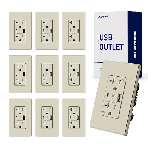 ELEGRP USB A & USB C Wall Outlet, 20 Amp Duplex Tamper Resistant Receptacle Plug NEMA 5-20R, Wall Plate Included, UL Listed, 10 Pack, Matte Light Almond