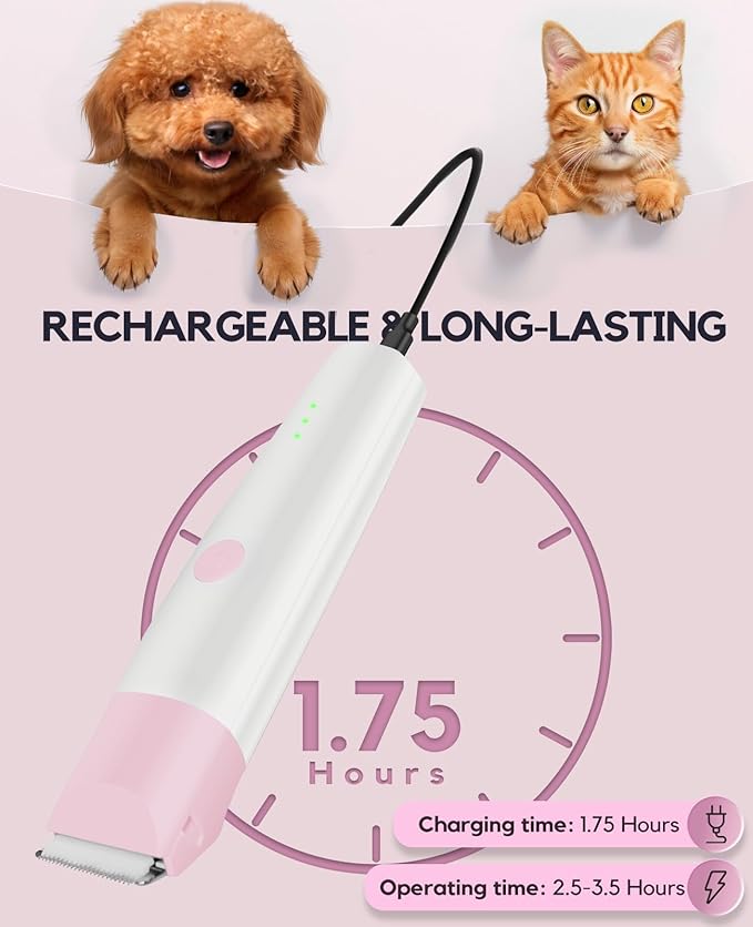 Dog Clippers Grooming Kit, 4 in 1 Quiet Cordless Dog Paw Trimmer & Nail Grinder, Small Cat Clippers Electric Rechargeable Low Noise Pet Shaver for Trimming Hair on Paw Eye Ear Face Rump (Pink)