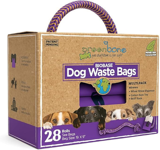 Greenbone BioBase Purple Dog Poop Bag Refills: 28 Rolls - 336 Bags with Dispenser and Rope Toy Handle- Dog Gift Set