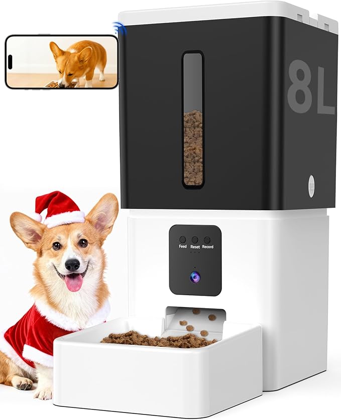 Automatic Dog Feeder with Camera: 8L/33 Cups 5G WiFi Timed Food Dispenser for Medium Dogs - 1080P HD Night Vision Video Recording 2-Way Audio APP Control