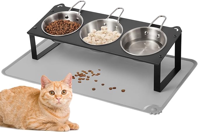 Elevated Cat Bowls with Food Mat, 10°Tilted Non-Slip Raised Cat Food Water Bowls Set, 3 Thick Stainless Steel Pets Dishes with Handles to Indoor Kitten Puppy, Anti-Vomiting Cute Metal Feeding Stand