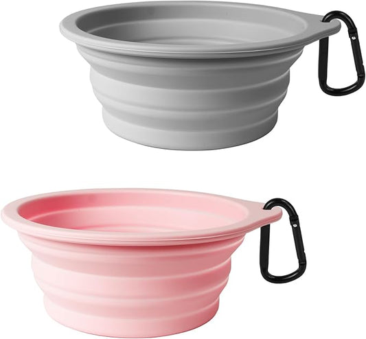 PetBonus 2-Pack Silicone Collapsible Dog Bowls, BPA Free Dishwasher Safe, Portable Foldable Expandable Travel Bowl, Food Water Feeding Cup Dish for Dogs Cats with 2 Carabiners （Grey, Chalk Pink）