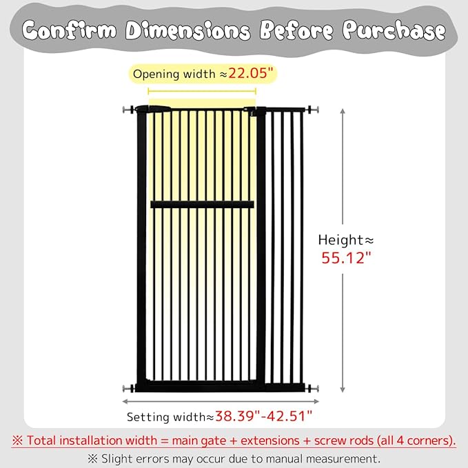 Lumizone Extra Tall Pet Gate 55.12" High Pressure Mounted 38.39"-42.51" Extra Wide (9 Sizes) 1.37" Gap for Cat Dog Stairs Doorway Hallway No Drilling Auto-Close (38.39"-42.51" W, Black)