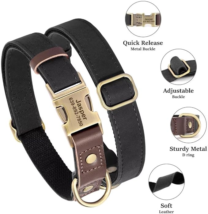 Personalized Dog Collars, Custom Soft PU Leather Dog Collar with Pet Name and Phone Number for Small Dogs, Adjustable and Durable Pet Collars with Quick Release Metal Buckle,S(10-15")
