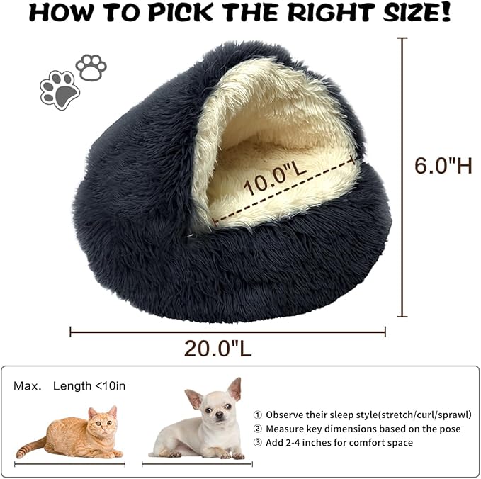 ShinHye Cat Bed Round Plush Fluffy Hooded Cat Bed Cave, Cozy for Indoor Cats or Small Dog beds, Soothing Pet Beds Doughnut Calm Anti-nxiety Dog Bed - Waterproof Bottom Washable (20×20inch, Dark Grey)