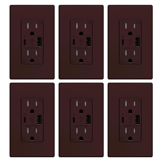 ELEGRP USB Charger Wall Outlet, USB Receptacle with USB A & USB C Ports, 15 Amp Duplex Tamper Resistant Receptacle Plug NEMA 5-15R, Wall Plate Included, UL Listed, 6 Pack, Matte Brown