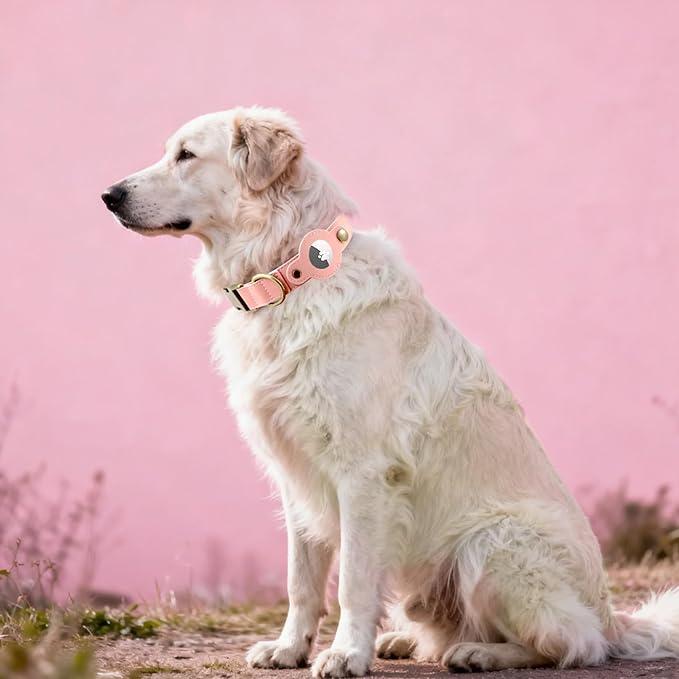 AirTag Dog Collar for Small Dogs Puppy - Soft Leather Dog Collar with Apple AirTag Holder and Metal Buckle - Smart Tracker GPS Apple Air Tag Pet Collars (Pink, S)