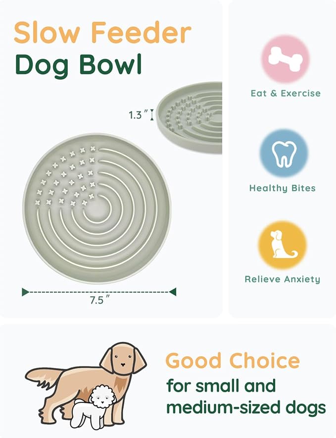Slow Feeder Dog Bowls, Slowdown Bowl - Puzzle Silicone Dog Feeding Bowls with Suction Cups, Innovative Lick Mat, Healthy Eating, Dishwasher Microwave Safe, Mealtime Challenge, 7.5" x 1.3" Green