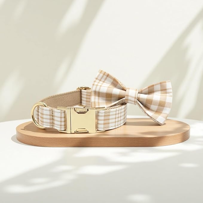 PETDURO Personalized Dog Collar Light Brown Plaid for Large Medium Dogs | Engraved Name and Phone Number on Gold Metal Buckle for Boys & Girls | Add Leash & Bow Tie via Customize Now