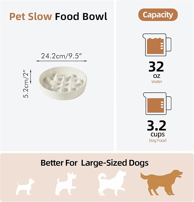 Ceramic 3.2 Cup Dog Bowl Slow Feeder, 9.5 inch Slow Pet Food Dish for Large Dog, Stop Bloat, Preventing Choking(Single Bowl, Vanilla White)