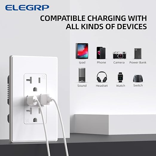ELEGRP USB Charger, Wall Outlet with USB A & USB C Ports, 20 Amp Duplex Tamper Resistant Receptacle Plug NEMA 5-20R, Wall Plate Included, UL Listed, 20 Pack, Matte White
