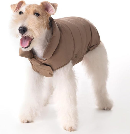 SPACE LION Dog Puffer Jacket, Down Winter Coat, Durable Outdoor Coat for Cold and Windy Conditions, Lightweight & Adjustable Fit Coats for Medium Dogs, (Camel, Size 14 Gift Box)