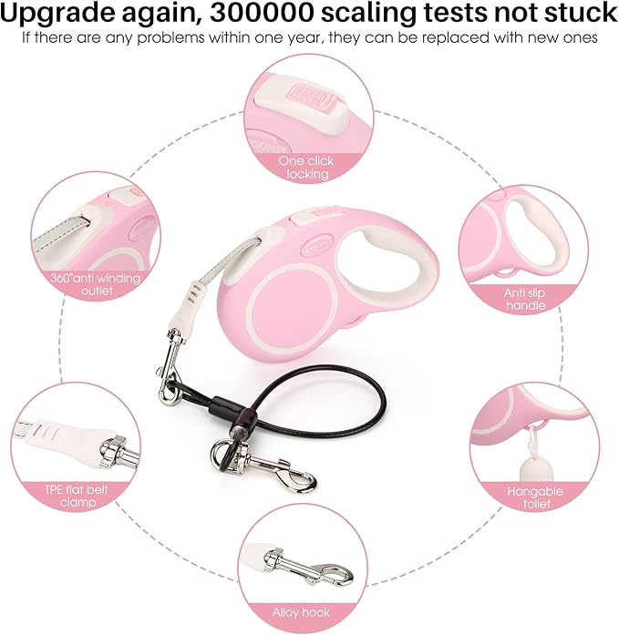 Upgraded Retractable Dog Leash with Chew Proof Cable and Poop Bag Dispenser, 16Ft Heavy Duty Dog Leash for Small Medium Large Dogs up to 120lbs, 360° No Tangle