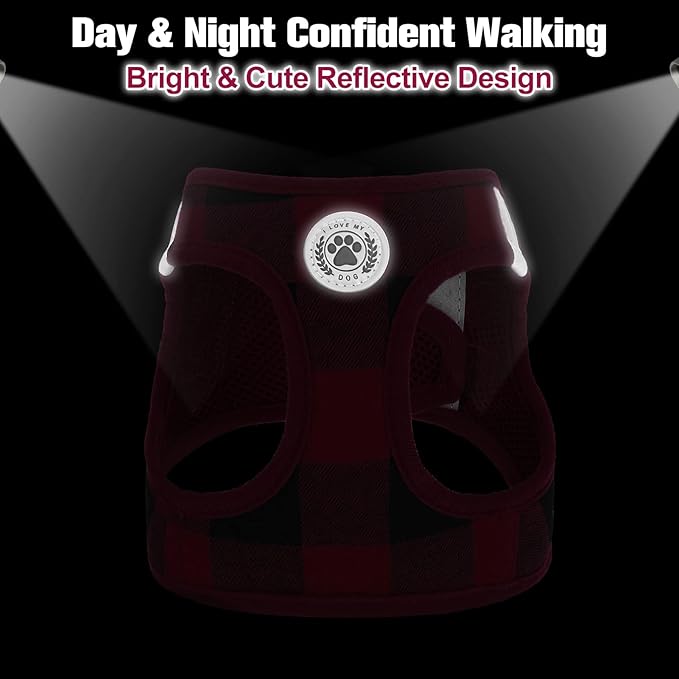 BEAUTYZOO Small Dog Harness and Leash Set,Step in No Choke No Pull Soft Mesh Dog Harnesses Reflective for Extra-Small/Small Medium Puppy Dogs and Cats, Plaid Dog Vest Harness for XS S Pets, Red L