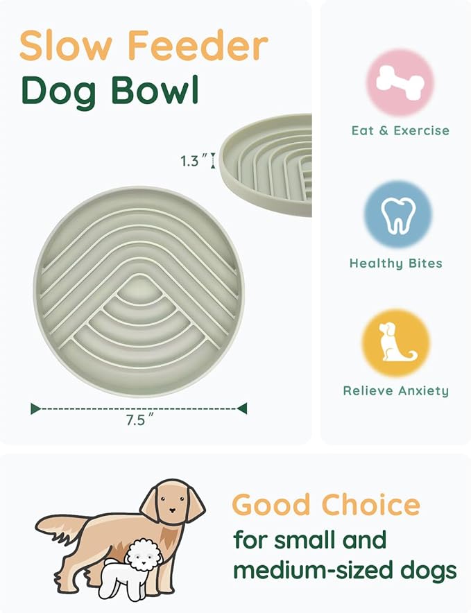 Slow Feeder Dog Bowls, Slowdown Bowl - Silicone Dog Feeding Bowls with Suction Cups for Puppies, Modern Lick Mat Design, Reduces Gulping, Dishwasher Fit, Mealtime Challenge, 7.5" x 1.3" Green