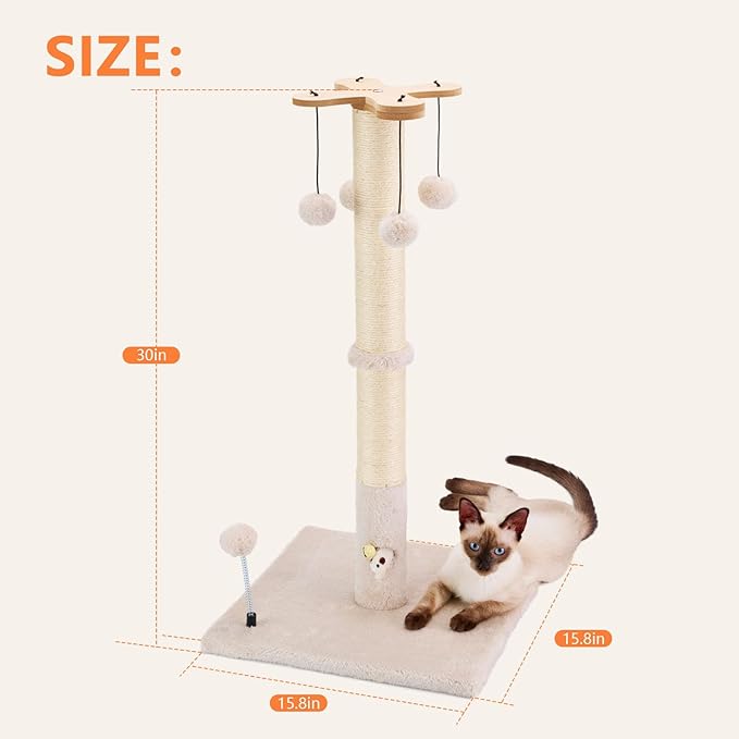 PAWSFANS Cat Scratching Post for Indoor Cats and Kittens,30inches Tall Sisal Scratch Posts with Four Hanging Ball Toys and Reinforce The Stable Base Beige