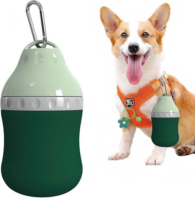 Dog Travel Water Bottle Detachable Bowl Leak Proof Portable ，Silicone Bottle Body，Collapsible and Suitable for Small Pets for Outdoor Walking, Hiking, Travel (Green, 400 ml)