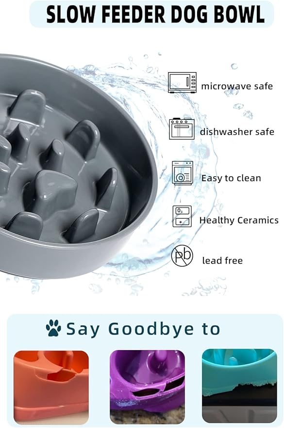 HAOTOP Ceramic Fun Slow Feeder Bowl, Porcelain Slow Eater Bowl for Medium Sized Dogs (Grey)