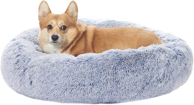 Bedfolks Calming Donut Dog Bed, 30 Inches Round Fluffy Dog Beds for Medium Dogs, Anti-Anxiety Plush Dog Bed, Machine Washable Pet Bed (Navy Blue, Medium)