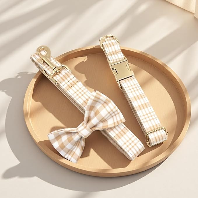 PETDURO Personalized Dog Collar Light Brown Plaid for Large Medium Dogs | Engraved Name and Phone Number on Gold Metal Buckle for Boys & Girls | Add Leash & Bow Tie via Customize Now