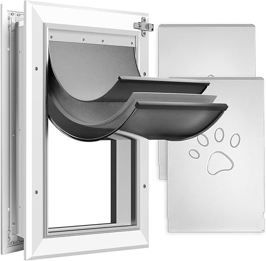 [Petoasis] 3-Flaps Heavy-Duty Dog Door, Rust Proof Aluminum Alloy Frame, Extreme Weather Dog Door Can Block Wind, Snow, and Rainwater Intrusion (Silvery White, Meduim for Door)